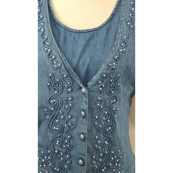 Vintage 80s Denim Chambray Dress L Beaded Vest Faded Tie Back Maxi Cottage Core - Picture 2 of 9